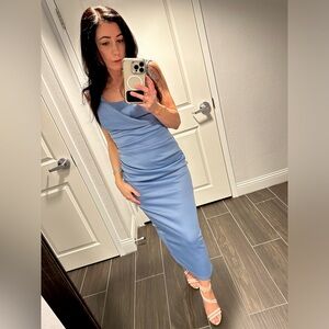 ASOS Design square neck pleat bust midi pencil dress in Blue